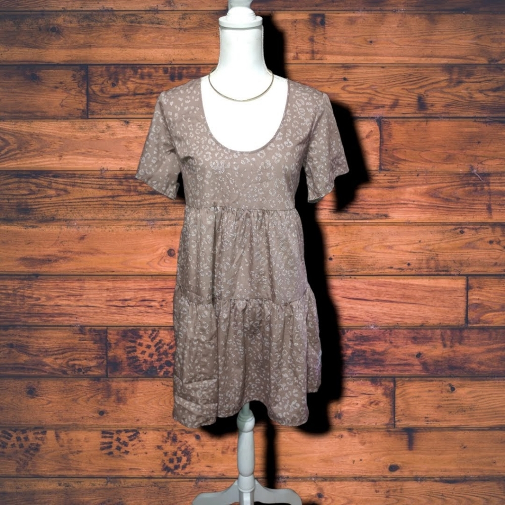 Brown Tiered Dress w/Dotted Leopard Print